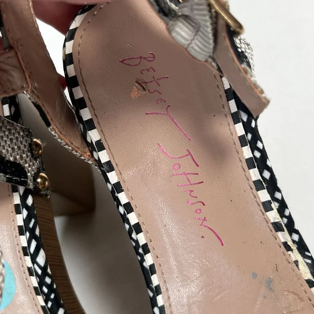 Betsey Johnson Jillie Sandals Mixed Print Gingham Embellished Shell Heels 6